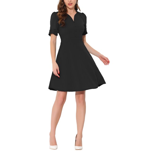 INSPIRE CHIC Robe de Bureau pour Femme à Encolure Cœur Plissée à Manches Courtes Robe Fourreau Ligne A TG Noir