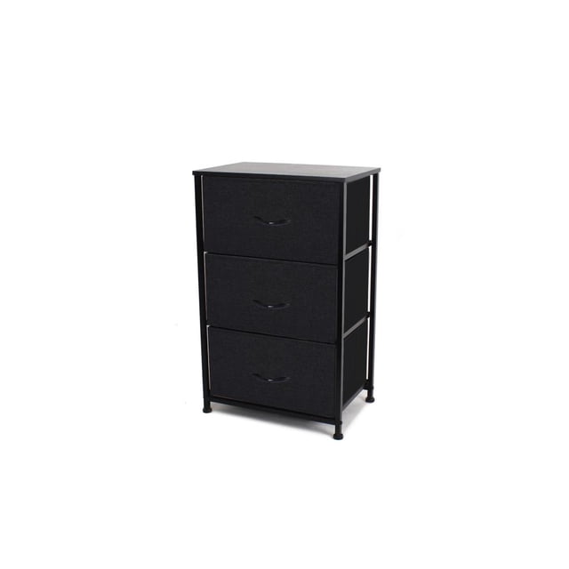 Organisateur Tour de Rangement Vertical à 3 Tiroirs pour Chambre, Tables de Nuit, Cadre en Acier, Noir. Unité de Rangement Compacte et Verticale Comprenant Trois Tiroirs en Tissu Amovibles avec Poignées en Bois Noires. la Commode A un Cadre Métallique Noir Robuste avec des supports Dorsaux et une Tablette Supérieure Lisse en MDF. Dimensions Sont de 17,75 Pouces de Large, 11,75 Pouces de Profondeur et 28,7 Pouces de Hauteur. Équipée de Pieds en Plastique Antidérapants et Ajustables pour Prévenir les Égratignures du Plancher et Assurer la Stabilité sur les surfaces Irrégulières. Légère et portable, Convient aux Chambres, Garde-robes