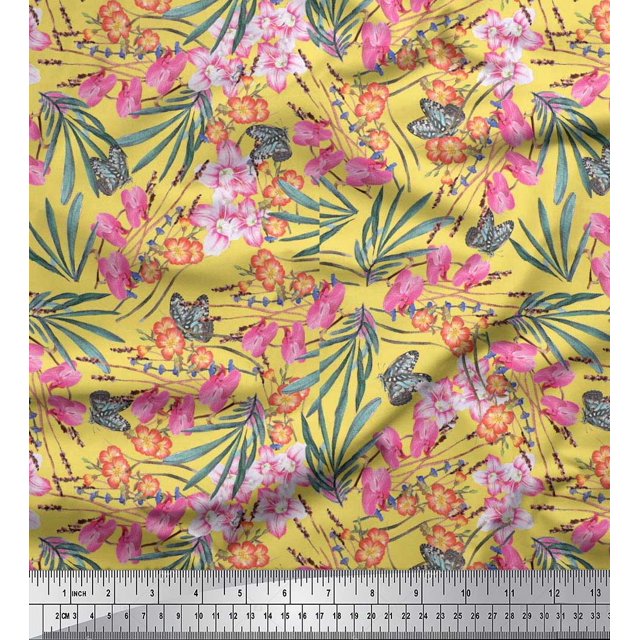 Soimoi Moss Georgette Fabric & Orchids Floral Printed Fabric 1 Yard 42 Inch Wide