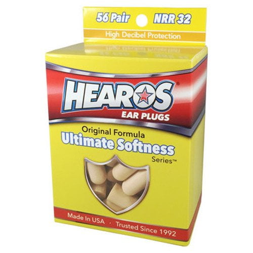 HEAROS Ultimate Softness Series Bouchons d'Oreilles beige, Offerts en Lot de 56 Paires. l'Emballage Met en Valeur un Indice de Réduction du Bruit (NRR) de 32 Décibels, Offrant une protection Élevée des Décibels. la Boîte Présente un design Jaune et Rouge avec une Fenêtre Transparente Affichant les Bouchons d'Oreilles en Mousse à l'Intérieur. Convient à la Réduction du Bruit et à la protection Auditive.