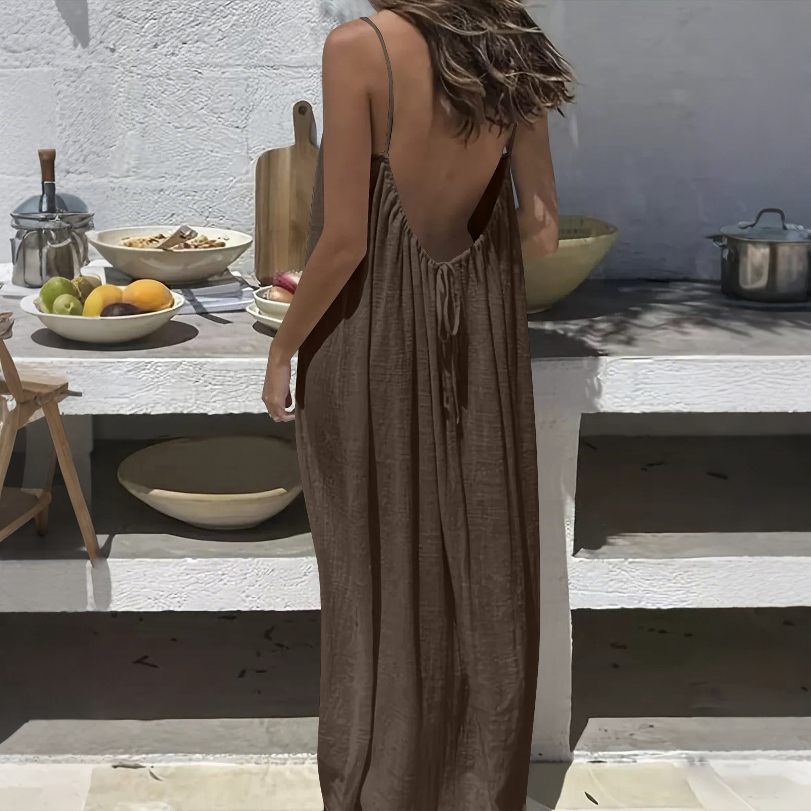Xdegoge Backless Maxi Dress for Women Spaghetti Strap Low Back Summer Beach Sundress Loose Flowy Oversized Long Dresses Casual Vacation Sleeveless Holiday Night Out Evening Gown