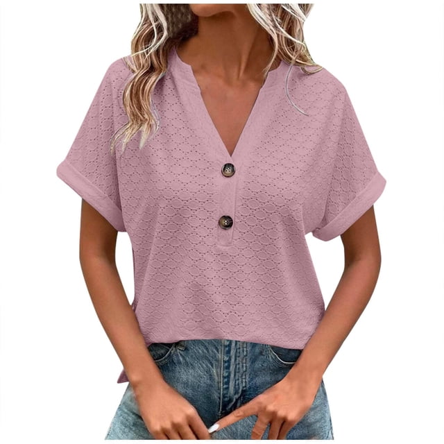 Dealovy Womesn Tops Summer Casual V Neck Buttons T-Shirts Short Sleeve Solid Color Loose Fitted Tees