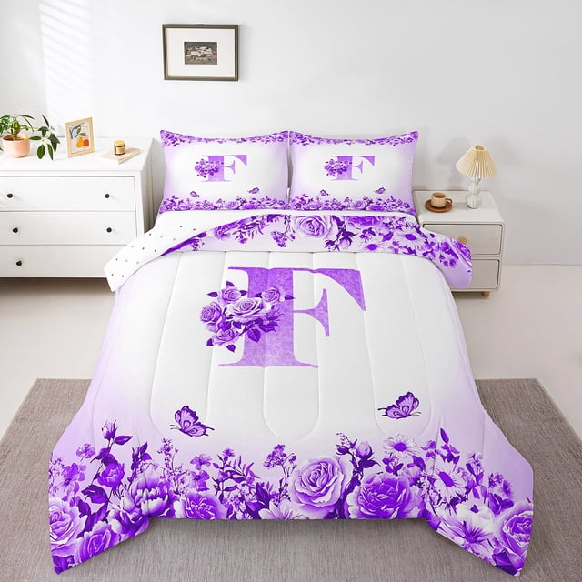 Erosebridal Ensembles de Literie Initiale Florale Double avec Couette, Insert de Couette Fleur Papillon, Déco de Chambre Ado, Réversible, 3 Pcs