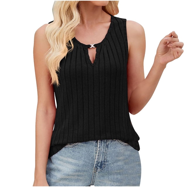 Timegard Tank Top for Women Keyhole Neck Ribbed Sleeveless Comfy Solid Color Casual Tee Shirts