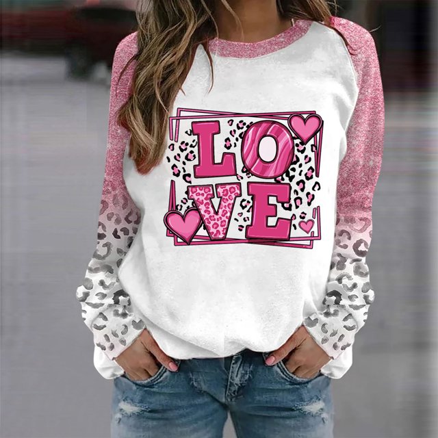 Qertyioot T-Shirt Graphique pour Femmes de la Saint-Valentin à Manches Longues, Blouse Imprimée à Col Rond, Tunique Décontractée