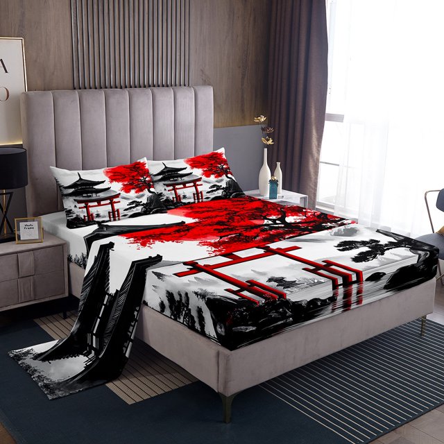 Erosebridal Japanese-Style Sheet Set King, Red Maple Tree Bedding Sets King Size, Watercolor Ink Decor 4pcs