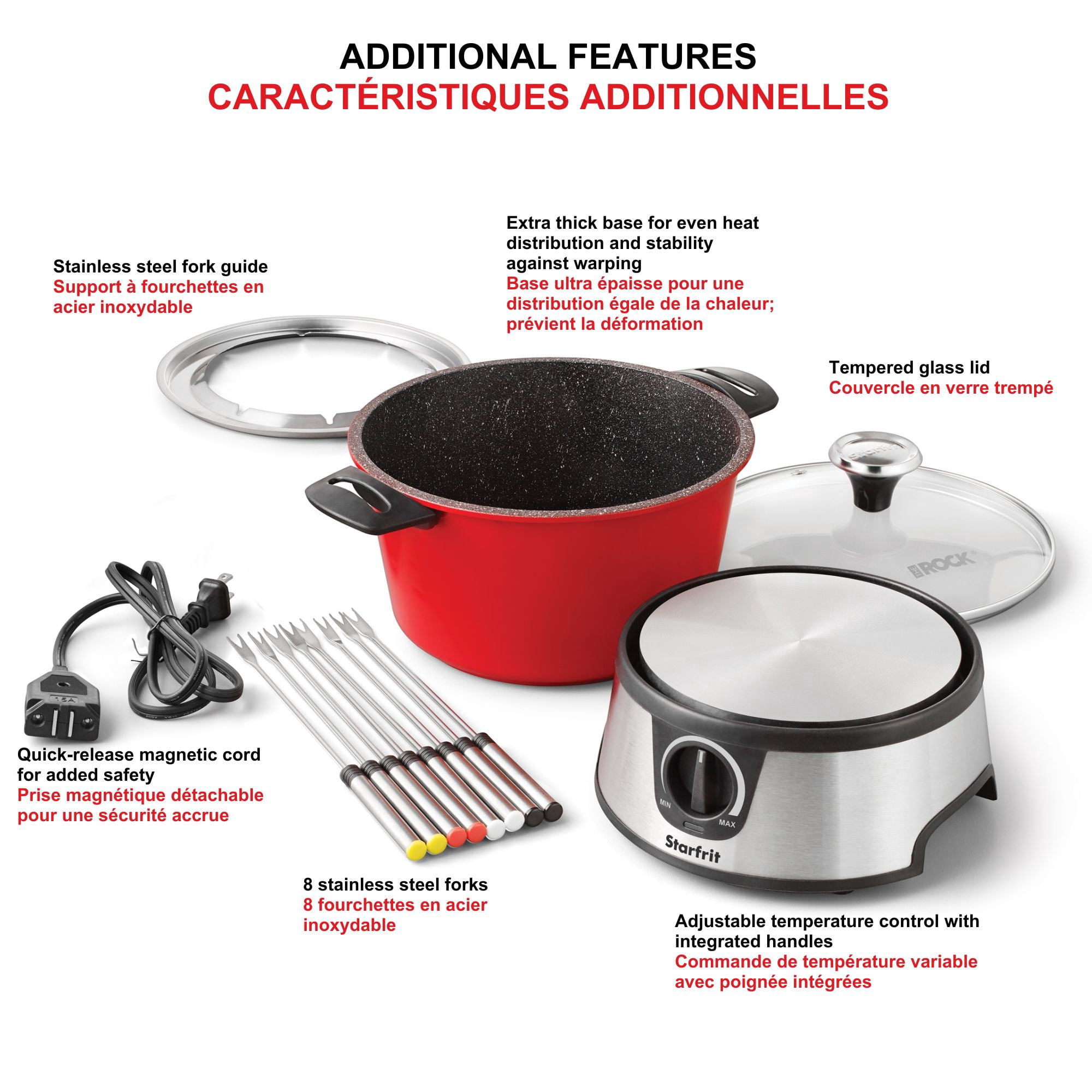 Starfrit Ensemble à fondue électrique The Rock 13 Pièces, Capacité 3L, Composants Emboîtables, Cordon Magnétique Rapide, Facile à Nettoyer, 1500W