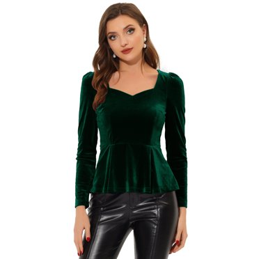 INSPIRE CHIC Blouse pour Femme Élégante en Velours à Encolure Cœur à Manches Longues Haut Péplum TG Vert Foncé
