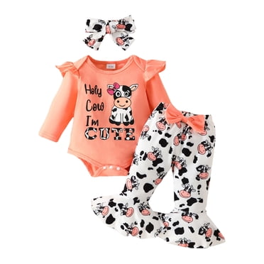 Zanarzt Vêtements pour Nouveau-Né Fille Vêtements Bébé Fille Fille Ensemble Pantalon Long Imprimé Vache Vêtements Orange, 3-6 Mois