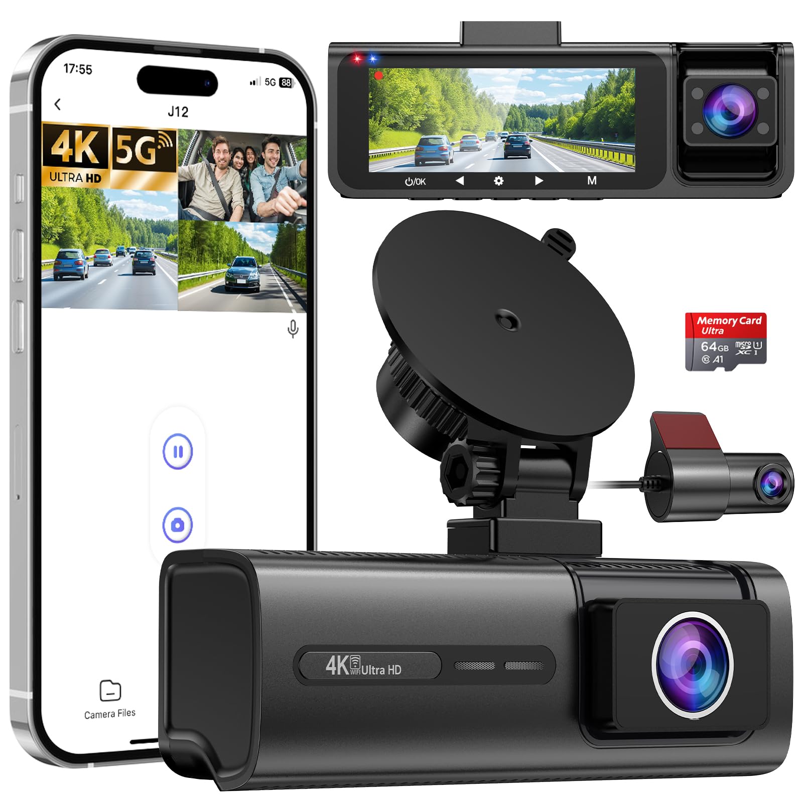3 Channel 5G WiFi Dash Cam, 4K+1080P+1080P Dash Cam Front and Rear Inside with 64GB Card, 3.16&acirc; IPS Screen, G-Sensor, Loop R