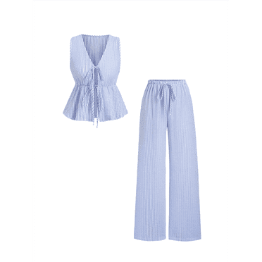 Women's Summer Two-Piece Suit Striped Print Sleeveless Lace-Up Vest Tank Top Pants Beach Holiday Set Blue L