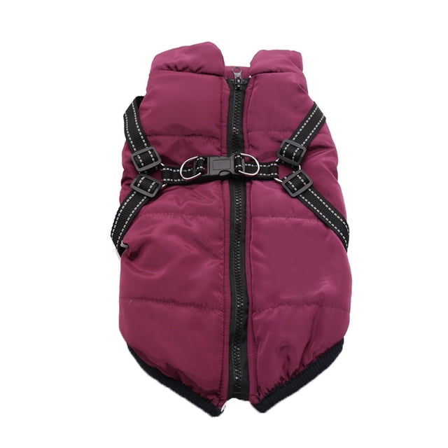 Binwennn Winter Coat Furry Dog Jacket in maroon with a front zipper and adjustable black reflective harness straps. Suitable for small, medium, and large dogs, this warm jacket is made from soft, skin-friendly fabric to keep pets cozy during winter. The secure zipper design prevents fur from getting caught, and the adjustable straps ensure a comfortable fit for active dogs.