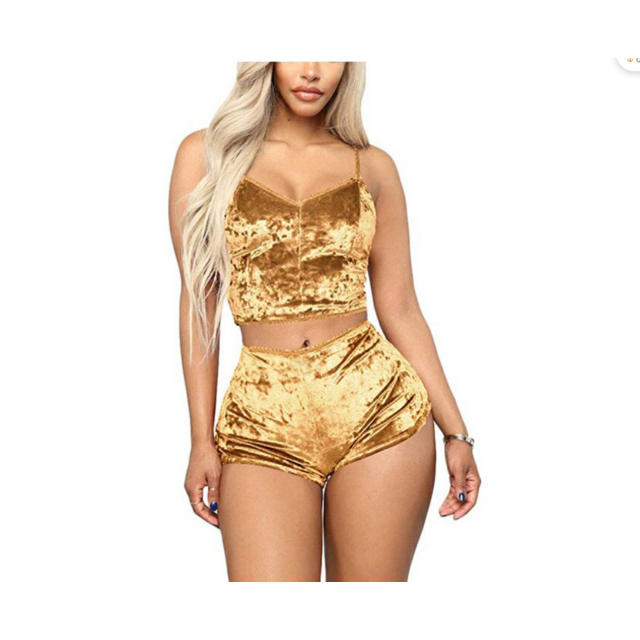 Women 2PCS Lingerie Set Slim Solid Sling Crop Top Short Elastic Band Pants