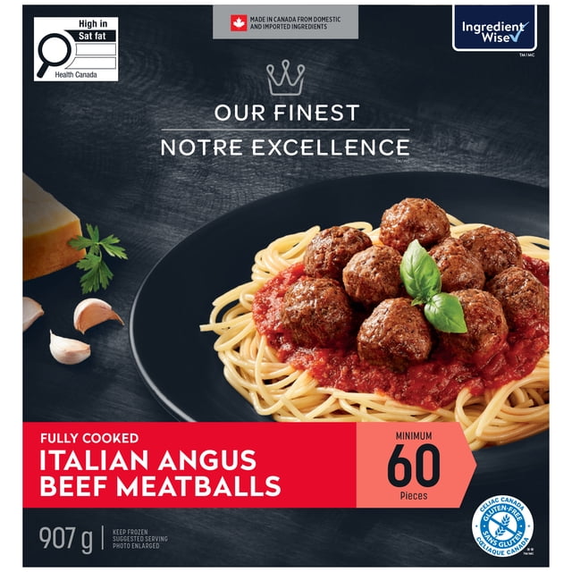 Our Finest Fully Cooked Italian Angus Beef Meatballs, 60 Pieces, 907g centered tray view of evenly sized browned meatballs; fully cooked Angus beef seasoned with parmesan and Italian spices. Gluten-free, made in Canada, microwave- or oven-ready for pasta, subs or party appetizers; often used on snack platters.
