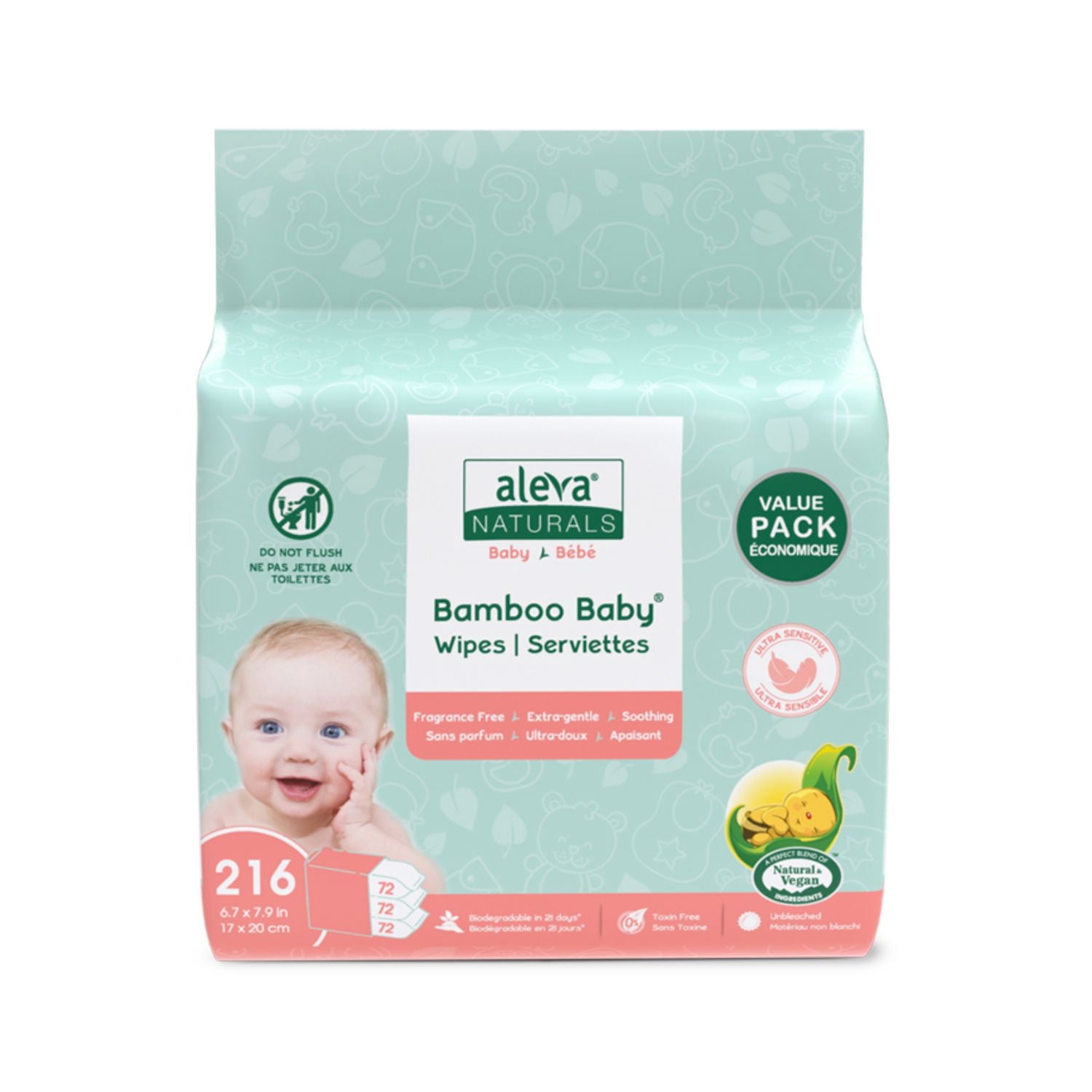 Aleva Naturals Bamboo Baby Sensitive Wipes Club Pack - 216ct