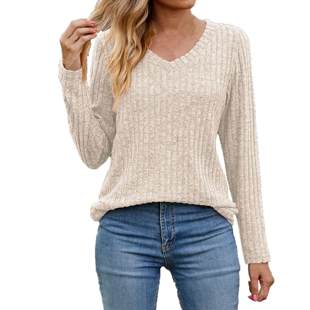 vdgthytj Sweaters for Women Long Sleeve Fall Fashion V Neck Knitted Tops Comfort Soft Basic Pullover Shirts