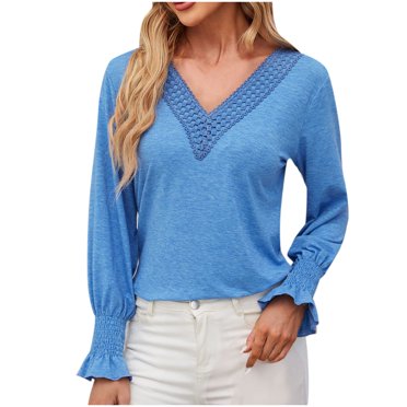 Timegard Womens Tops Lace V-Neck Ruffle Long Sleeve Solid Color Comfy Tee Top Fall Casual Loose Blouse