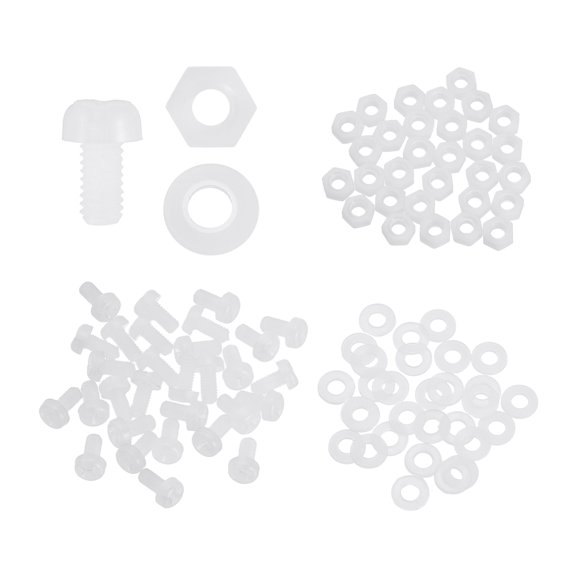 Uxcell 30 Set M2x4mm Nylon Plastic Cross Round Head Screw Phillips Bolts Hex Nuts Flat Washers Assortment Kit, Metric Full Thread Bolt Fasteners for DIY Machine Assembly, White
