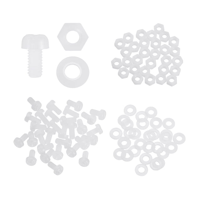 Uxcell 30 Set M2x4mm Nylon Plastic Cross Round Head Screw Phillips Bolts Hex Nuts Flat Washers Assortment Kit in white. This kit includes durable nylon bolts, hex nuts, and flat washers, designed for DIY machine assembly and mechanical fastening. The components are lightweight, corrosion-resistant, and provide excellent insulation, suitable for use in electronic devices, PCB boards, and precision machinery. The bolts feature a full thread design with a 4mm thread length and a round head size of 3.6x1.4mm. The set is organized for quick and easy installation.