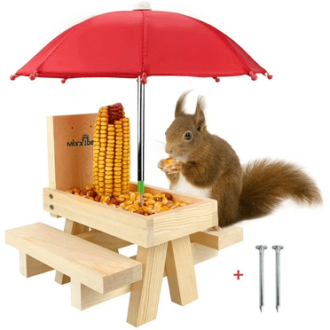 Urban Deco Squirrel Feeder Wooden Table with Umbrella,  Durable Squirrel Feeder Corn Cob Holder, with Solid Structure and 2 x Thick Benches(1pk)