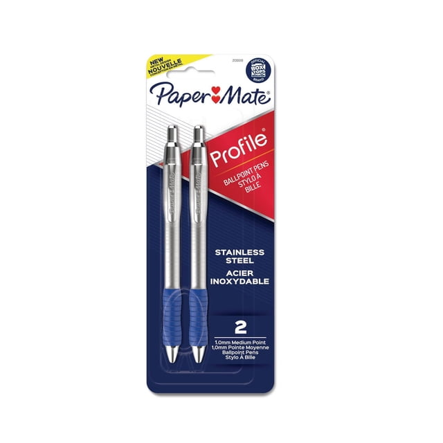 Paper Mate Profile ballpoint pens, retractable with stainless steel barrel and blue ink, 1.0 mm medium point, 2 count pack showing two pens with blue rubber grips and metal clips on a retail card, suitable for smooth writing and everyday office use.