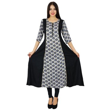 Bimba Classic Chic Long Rayon Dress Printed Kurta Kurti 3/4 Sleeve Indian Ethnic Clothing