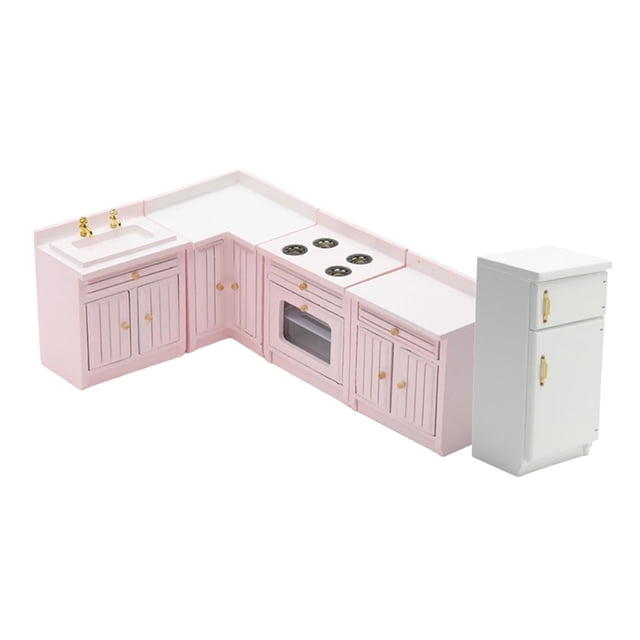 MERIGLARE 1/12 Dollhouse Mini Furniture Kitchen Set Cooking Table Cabinet Model for 3+ Pink