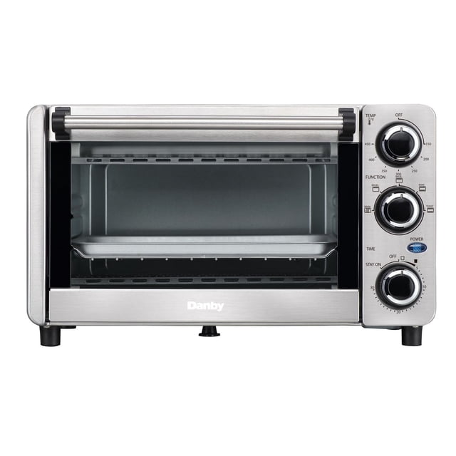 Danby Four Grille-Pain de Comptoir en Acier Inoxydable 0,4 Pi3 à 4 Tranches avec Fini en Acier Inoxydable, Porte Vitrée avant et Trois Boutons Mécaniques Noirs pour la Température (150-450 °F), la Fonction (Griller, Cuire, Griller, Garder au Chaud) et une Minuterie de 30 Minutes, Incluant Voyant d'Alimentation, Grille de Cuisson et Plateau, Convient aux Petits Comptoirs de Cuisine.