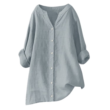 lcziwo Sales Today Clearance Women's Linen Shirt,Summer Linen Shirts for Women 2024 Casual Trendy V Neck Dressy Blouses 3/4 Length Sleeve Solid Color Button Tunic Tops Gray,XXXL