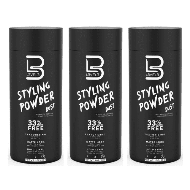 Level 3 Styling Powder, 1 oz Pack of 3, featuring three black cylindrical containers with bold white text displaying 'Styling Powder Dust' and '33% More Free.' Designed for adding volume and a matte finish to modern hairstyles, this versatile hair powder is suitable for both professional and at-home use. Each container holds 1 oz of non-greasy, reworkable formula for achieving textured, polished looks.