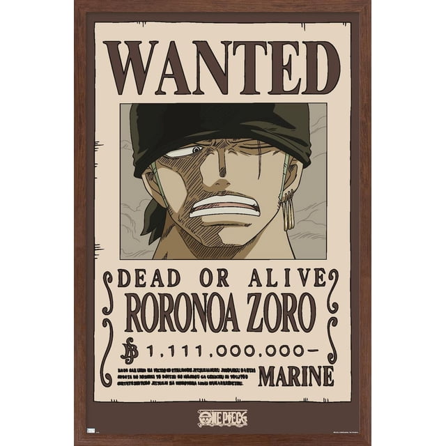 One Piece - Roronoa Zoro Wanted Poster Wall Poster, 22.375" x 34" framed, displaying a centered, front-facing anime portrait of Roronoa Zoro with a black bandana and three gold hoop earrings, 'WANTED' text above, 'Dead or Alive' below, and a 1,111,000,000 Beli bounty on a beige background, suitable for anime-themed wall art and décor.