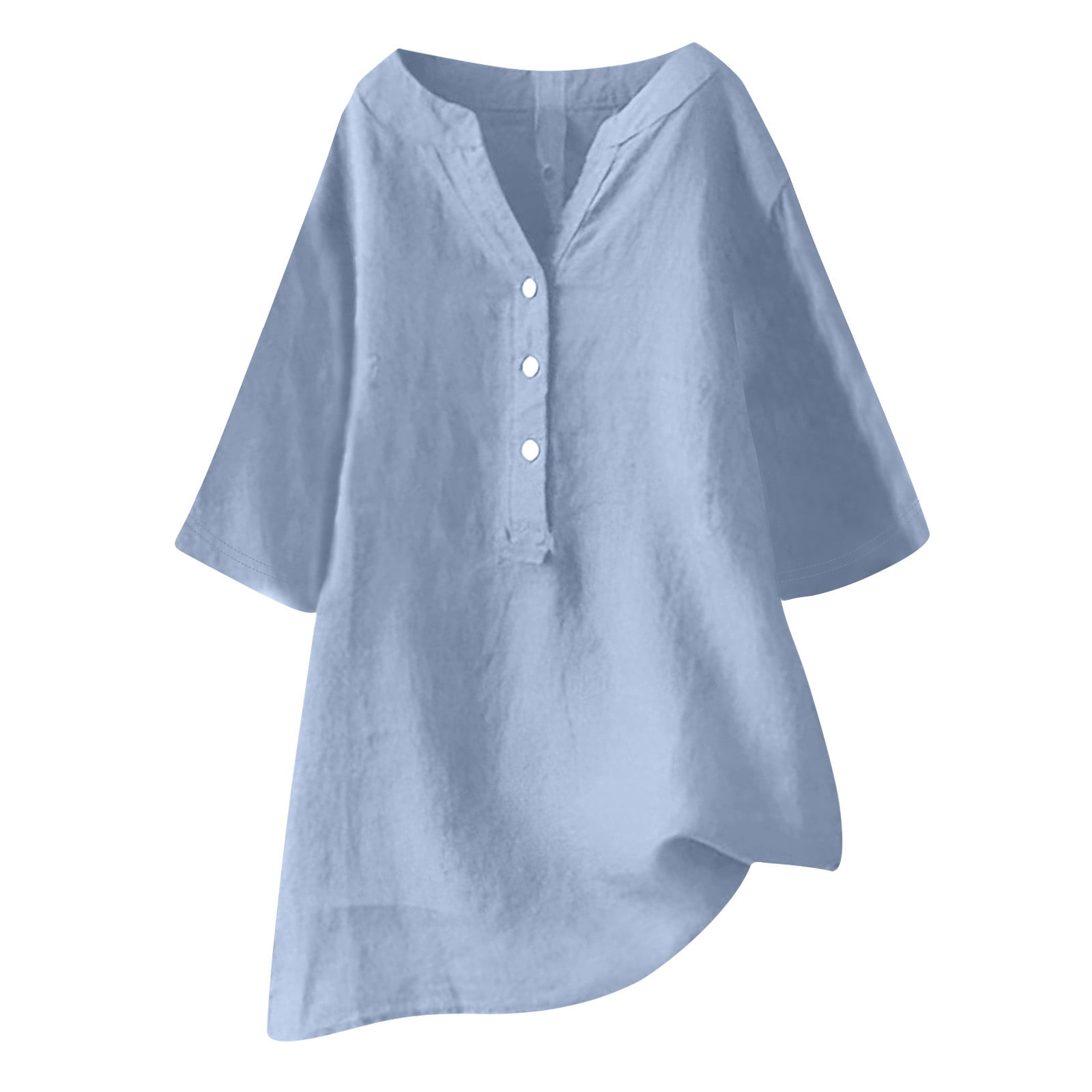 AherBiu Plus Size Tops for Women Cotton Linen Half Button Notch V Neck Oversized Summer Tops Shirt Blouse
