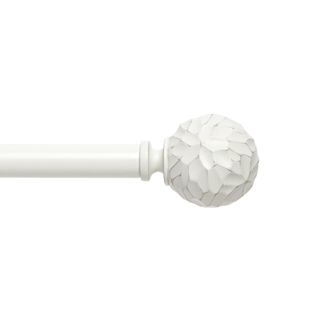 Umbra Carved 1" Window Curtain Rod 42-120" White with a carved leaf-patterned finial featuring gold burnishing, 1-inch diameter rod supporting curtains up to 22lbs, shown in a close-up side view on a white background, often used for standard window treatments.
