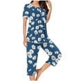 thumbnail image 1 of Jamicy Pyjama pour Femmes Ensemble Shorts Mode Décontracté Ample Imprimé Imprimé Col Rond Boutonné Manches Courtes Haut avec Pantalon Court Ensemble de Pyjama pour Femmes Bleu Marine, 1 of 5