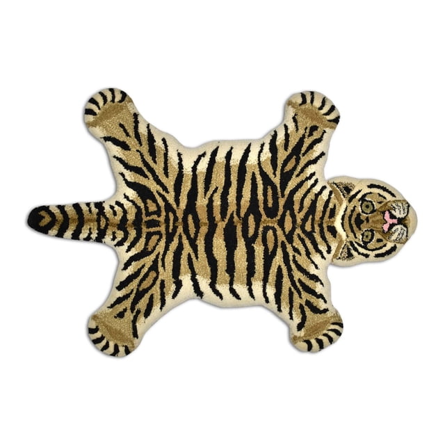 Fabstyles Animal Printed Hand-Tufted Area Rag Rug for Living Room, Hallway, Patio shaped like a tiger hide with black and tan stripes on 100% wool fabric, durable for high traffic areas and suitable for living rooms, kitchens, or patios.