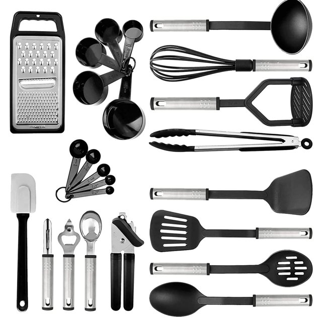 Zootealy Stainless Steel Kitchen Utensil Set, featuring 24 black cooking tools including a soup ladle, solid spoon, slotted spoon, solid turner, slotted turner, potato masher, can opener, balloon whisk, grater, spatula, tongs, ice cream scoop, wine opener, peeler, measuring cups, and measuring spoons. Made with stainless steel, silicone, and thermoplastic rubber, this heat-resistant and BPA-free set is suitable for non-stick cookware.