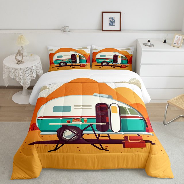 Erosebridal Happy Camping Bedding Queen Comforter Set, Travel Turck Down Comforter, Rustic Room Decor, Reversible 3-Piece