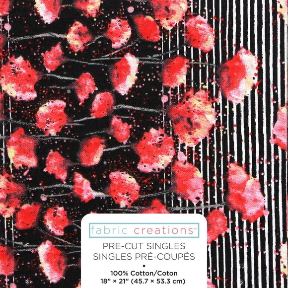 FABRIC CREATIONS Fat Quarter Pre-Cut Fabric 45 × 53 cm (18 × 21 in) Black/Red Watercolour Poppies, 18x21