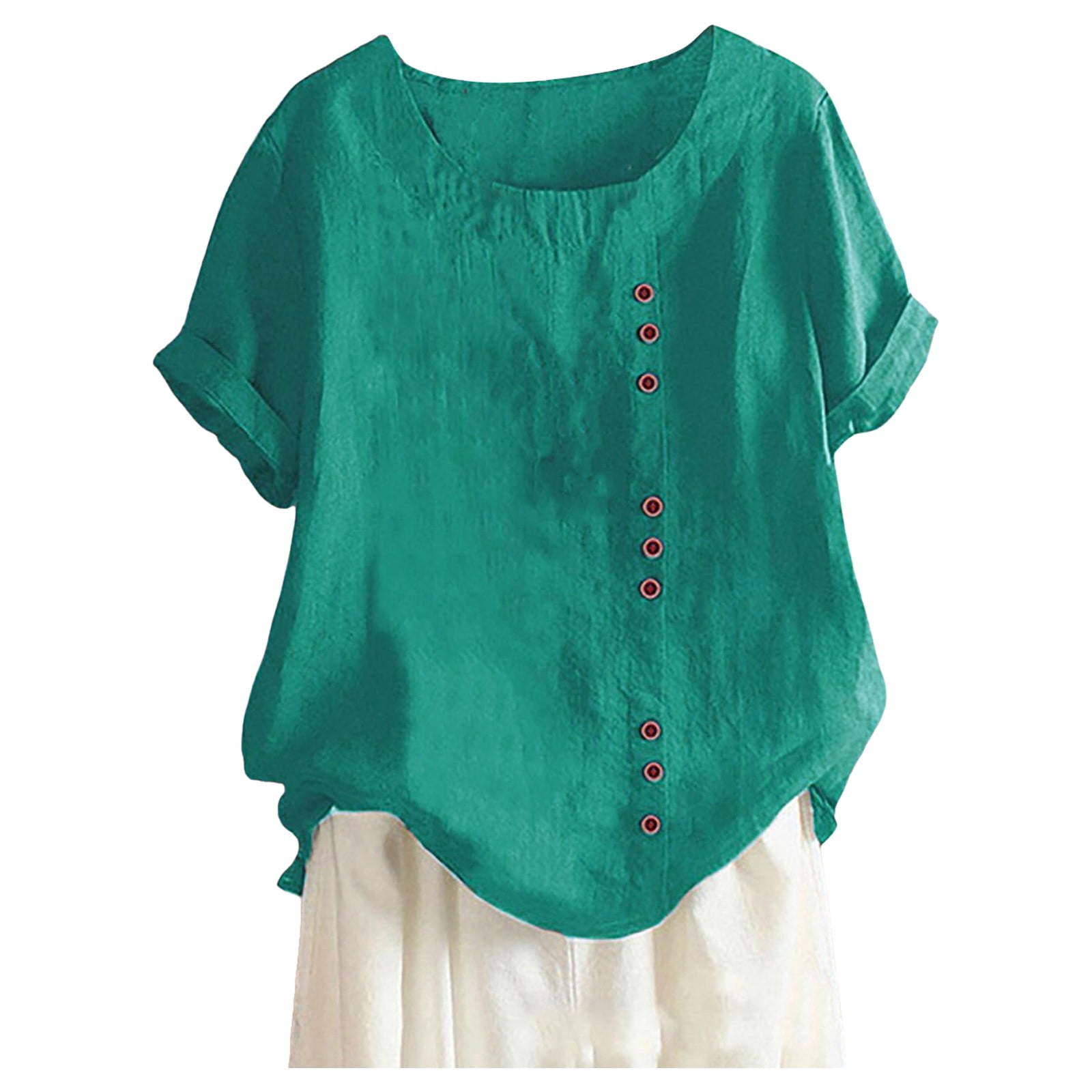 WEIYLL Ladies T Shirts Plus Size Linen Loose Tunic Breathable Boho Solid Green Tee Sizes XXXXL
