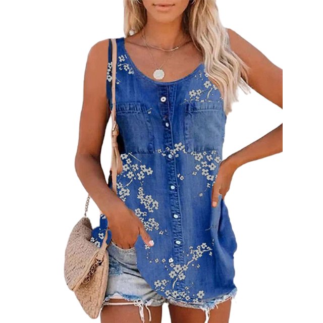 LUXUR Ladies Tops Solid Color Tank Button Denim Vest Loose Tee Shirt Floral Print Blouse Floral Dark Blue L