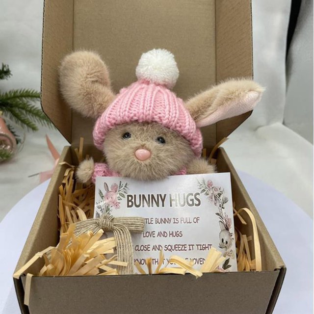 Fiudx Mini Cute Easter Gift Easter with Knitted Hat and Velvet Soft Pocket Emotional Support with Gift Box and Card