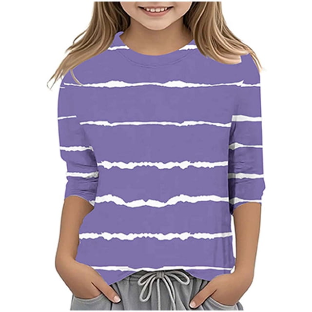 Splozh Longues Blouse à Manches pour Fille, T-Shirt Décontracté à Col Rond à Manches Trois Quarts, Haut Basique Régulier à Manches 3/4, Violet, 10-11 Ans