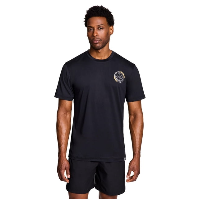 Men's Reebok Sector Graphic Tee in black with a small white and gold Sector graphic on the left chest, shown front-facing on a male model wearing black athletic shorts. Made from recycled jersey with moisture management technology, this classic fit tee offers comfort and performance for everyday athletic use.