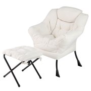 Costway Lazy Sofa Chair Accent Leisure Armchair with Folding Footrest & Storage Pocket Beige