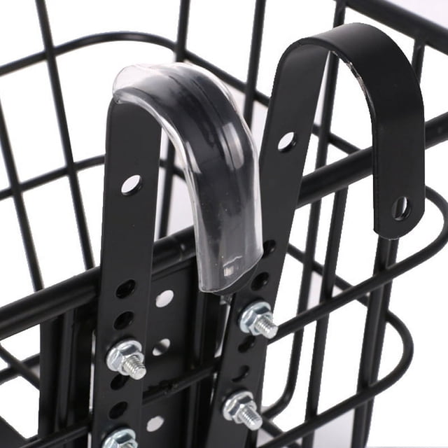 Close-up view of the Bike Basket Bicycle Basket Bicycle Front Basket Detachable Bike Basket Hanging Bike Basket Hanging Bold Bicycle Basket Electric Vehicle Adjustable Front Frame Basket. The image highlights the sturdy iron construction with a thick frame, quick-release hooks, and meticulous workmanship. The basket is designed for bicycles and electric vehicles, offering a large capacity for carrying items like books, bags, groceries, or flowers. The black finish and durable materials ensure long-lasting use.