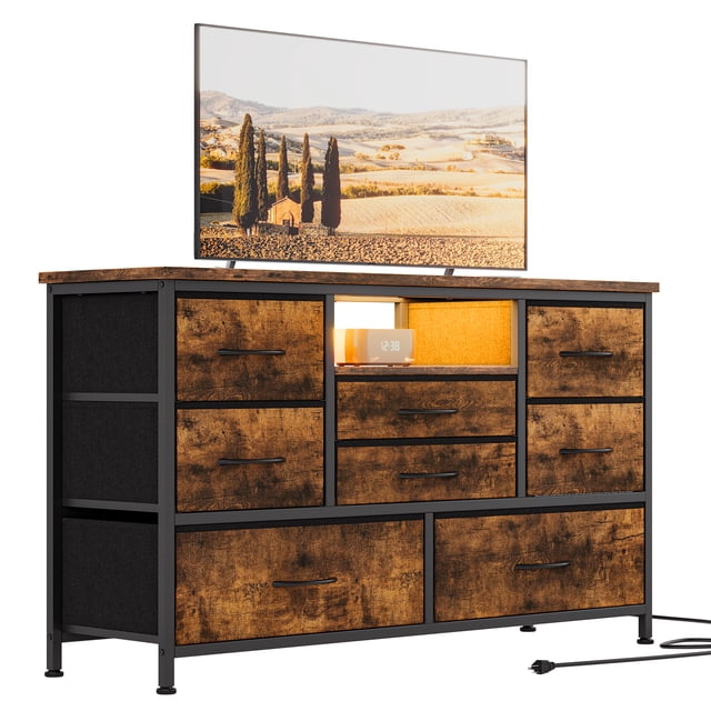 Ourlova Meuble Télé à 8 Tiroirs avec Prise de Courant et DEL pour Télé de 55 Pieds', Longue Commode pour Chambre avec 8 Tiroirs Profonds, Grand Table Console pour Rangement dans le Garde-Robe