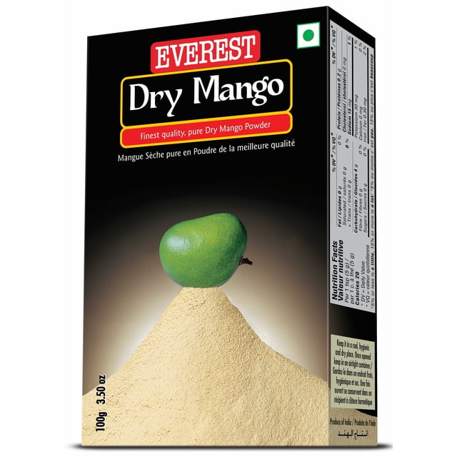 Everest Poudre de Mangue Sèche, Boîte de 100 g avec une Mangue Verte sur un Monticule de Poudre de Mangue Sèche Jaune Finement Moulue sur Fond Noir, Amchur Pur Utilisé comme Assaisonnement Indien Naturel pour Ajouter une Saveur Acidulée aux Plats Végétariens et Non Végétariens, Sans Colorants Artificiels.