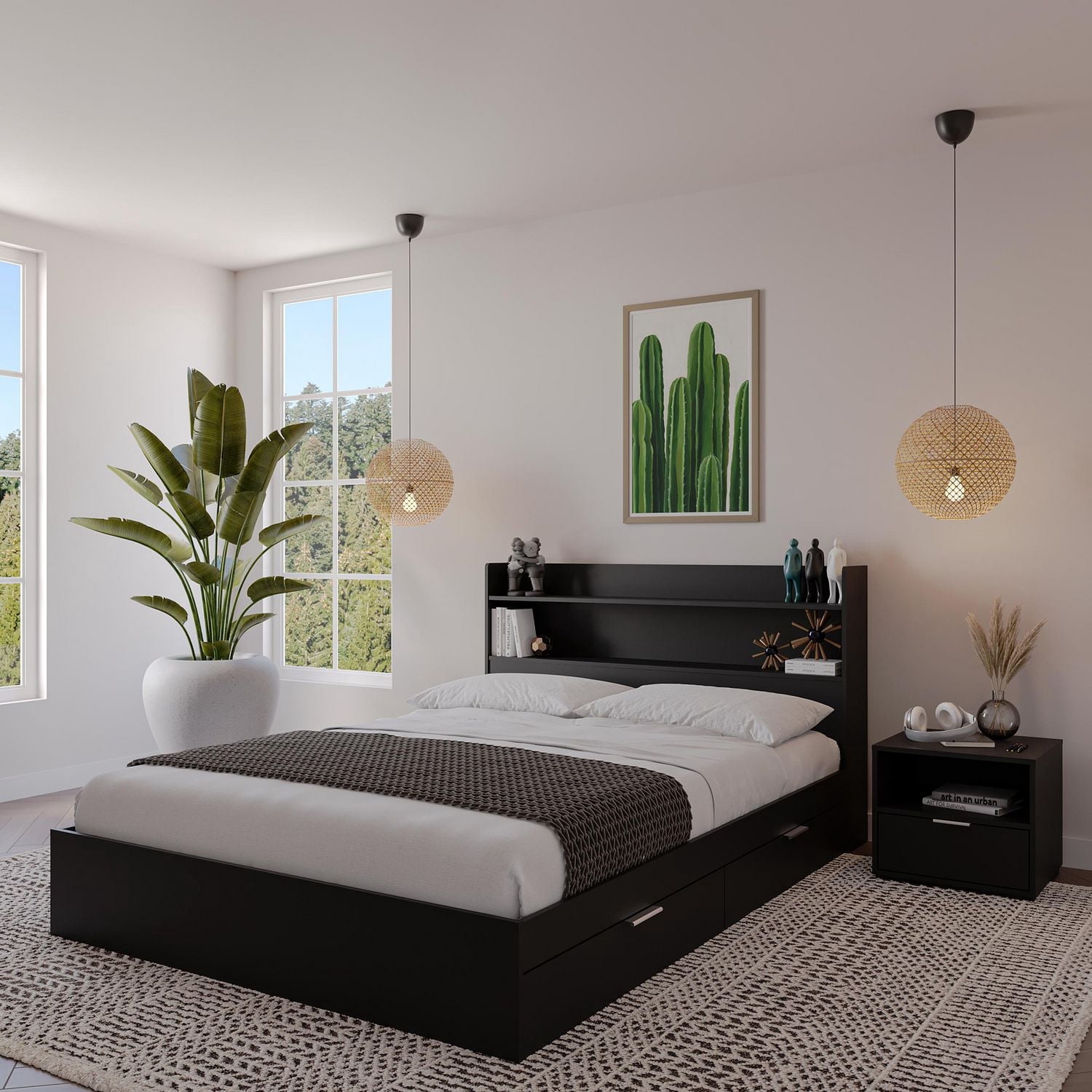 Nexera Hunter Lit plateforme avec tête de lit et table de nuit 1 tiroir