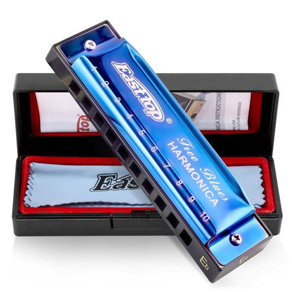 East top Harmonica Diatonique Clé d'Eb 10 Trous 20 Tons Blues Harpe Bouche Organ Harmonica pour Adultes Débutants Joueurs Professionnels et Étudiants (Bleu)