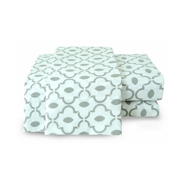 Johnson Home 200 TC Bed Sheet Set - Printed Cotton Sheets displaying a folded set of light blue cotton sheets with a grey geometric pattern, made from breathable 200 thread count cotton fabric for softness and durability, suitable for year-round use and enhancing bedroom decor.